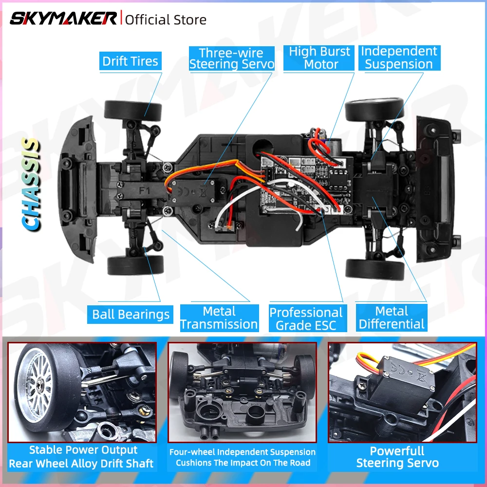Skymaker LDRC 1/18 RC Drift Car LD1899 GTR Mode R34 2.4GHz RWD with Gyroscope on-Road Alloy Body Shell Racing Car for Boys Gifts 4