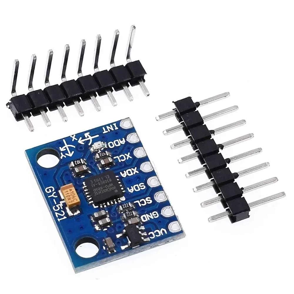 Vue de côté du module MPU-6050 Gyroscope 3 Axes et Accéléromètre pour Arduino montrant l'épaisseur et les broches.