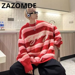 ZAZOMDE Winter Men Striped Knitted Jumper Sweaters Hip Hop Jacquard Knitwear Streetwear Harajuku Fashion Casual Pullover Clothes