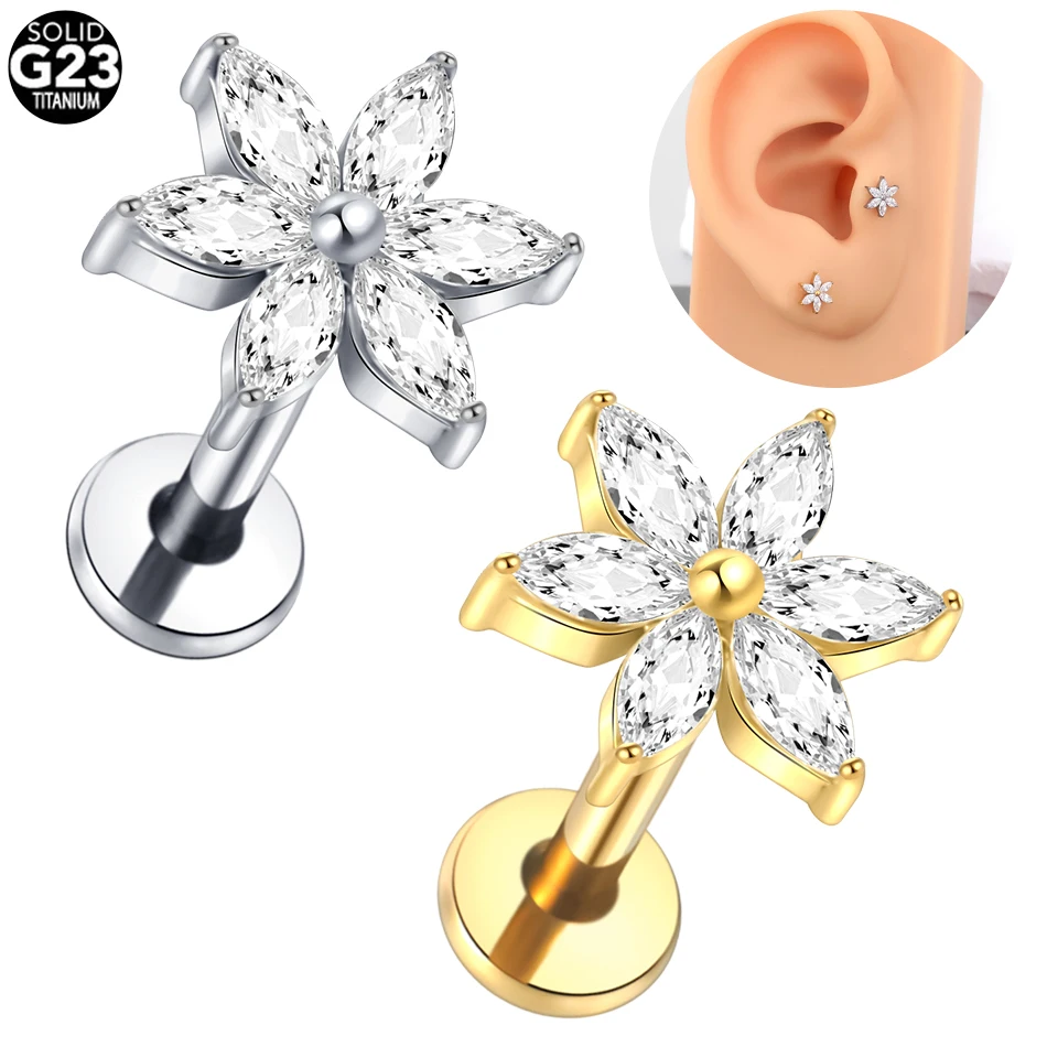 

1pcs Implant Grade Titanium Labret with 6 Marquise CZ Petals Flower Internally Threaded Stud Earrings Piercing Body Jewelry
