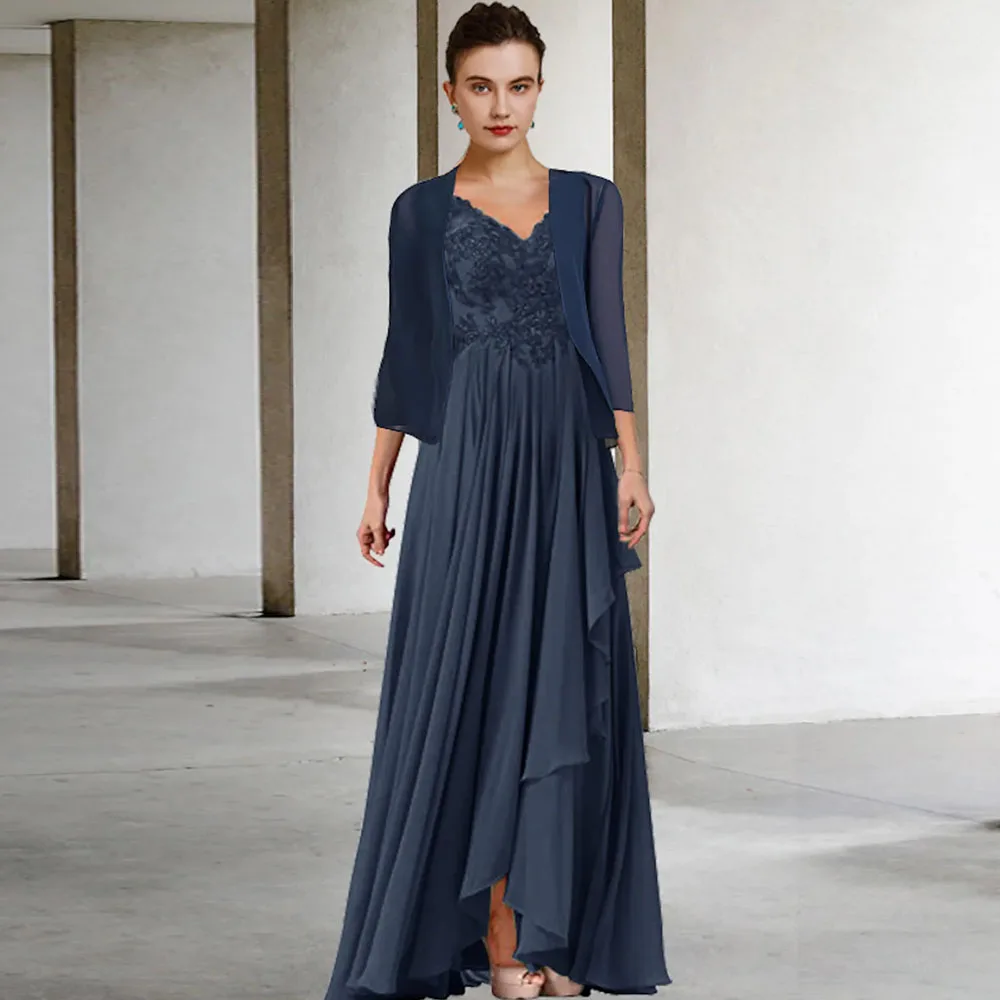 

Elegant A-Line Mother of The Bride Dresses Floor Length Chiffon Wedding Party Gowns With Jacket V Neck Robe De Soirée Femme