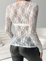 T-shirts à fleurs en dentelle pour femmes, manches longues, col rond, transparents, Slim, chemises printemps été automne 5