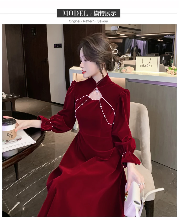 ★Roem★送料込★韓国★大人気★正規品★Velvet shirring dress Ruffle Sleeve Knee Length Velvet Cheongsam Chinese Style