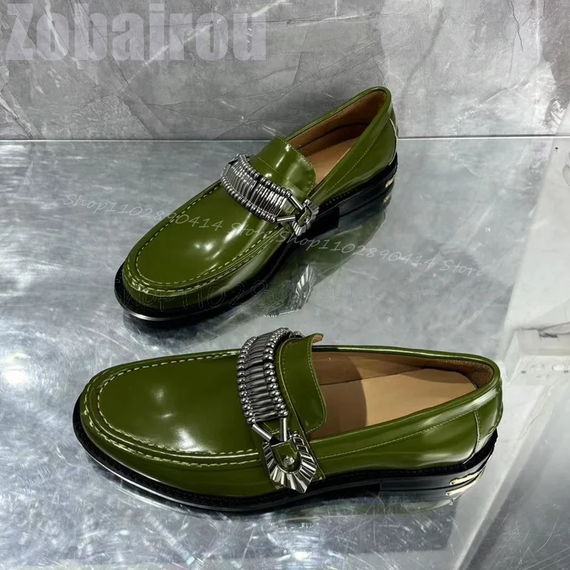 

Green Sewing Design Metal Decor Black Sole Loafers Fashion Slip On Men Shoes Luxurious Handmade Party Banquet Men Casual Shoes