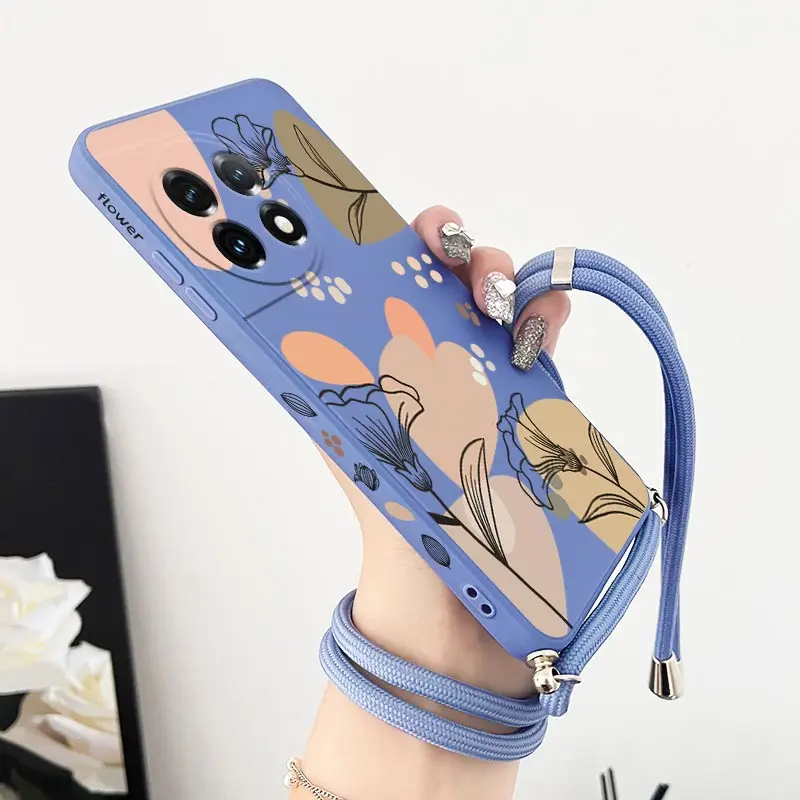Elegant Artistic Line Flowers Crossbody Lanyard Silicone Phone Case