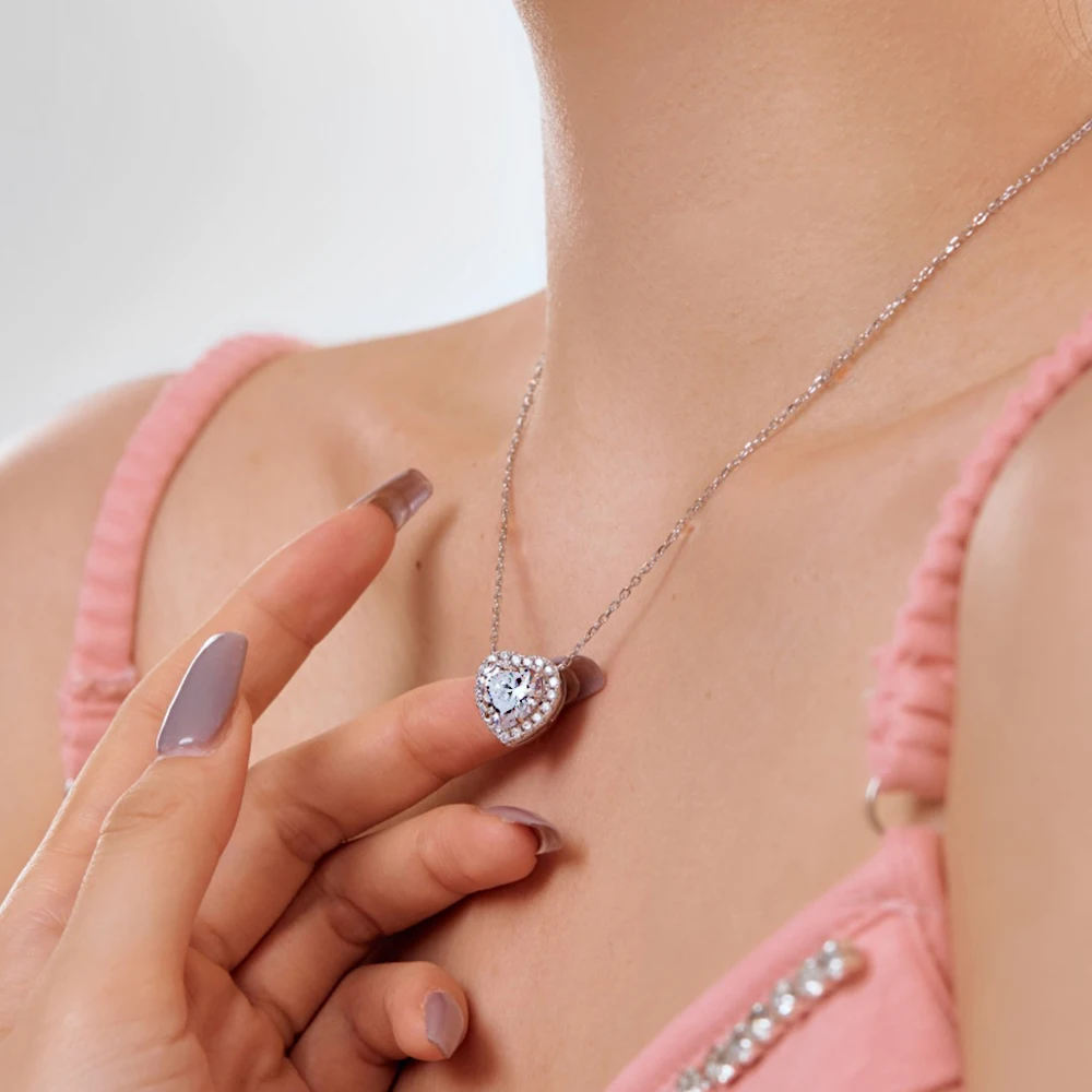 True S925 Silver Heart Necklace Women 10mm Heart Diamond Pendant Necklace Female Luxury Jewelry Shining 5A Zircon Girl Gift Lady