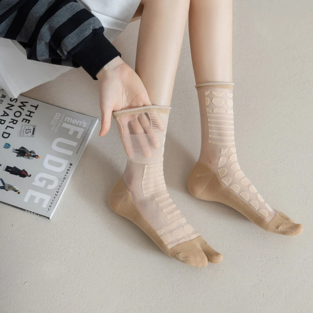 Women Summer Split Toe Glass Fiber Kimono Tabi Crew Socks Asymmetric Geometric Pattern Thin Mesh 2 Finger Flip Flop Sandal Mid