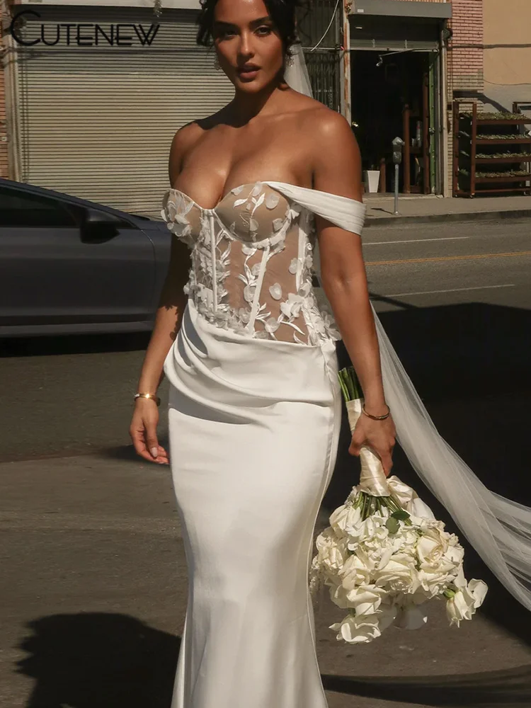 

Cutenew Off Shoulder Women Dresses Elegant Evening Party Robe Lace Patchwork Ruched Irregular Romantic Vestidos Mujer New Wear