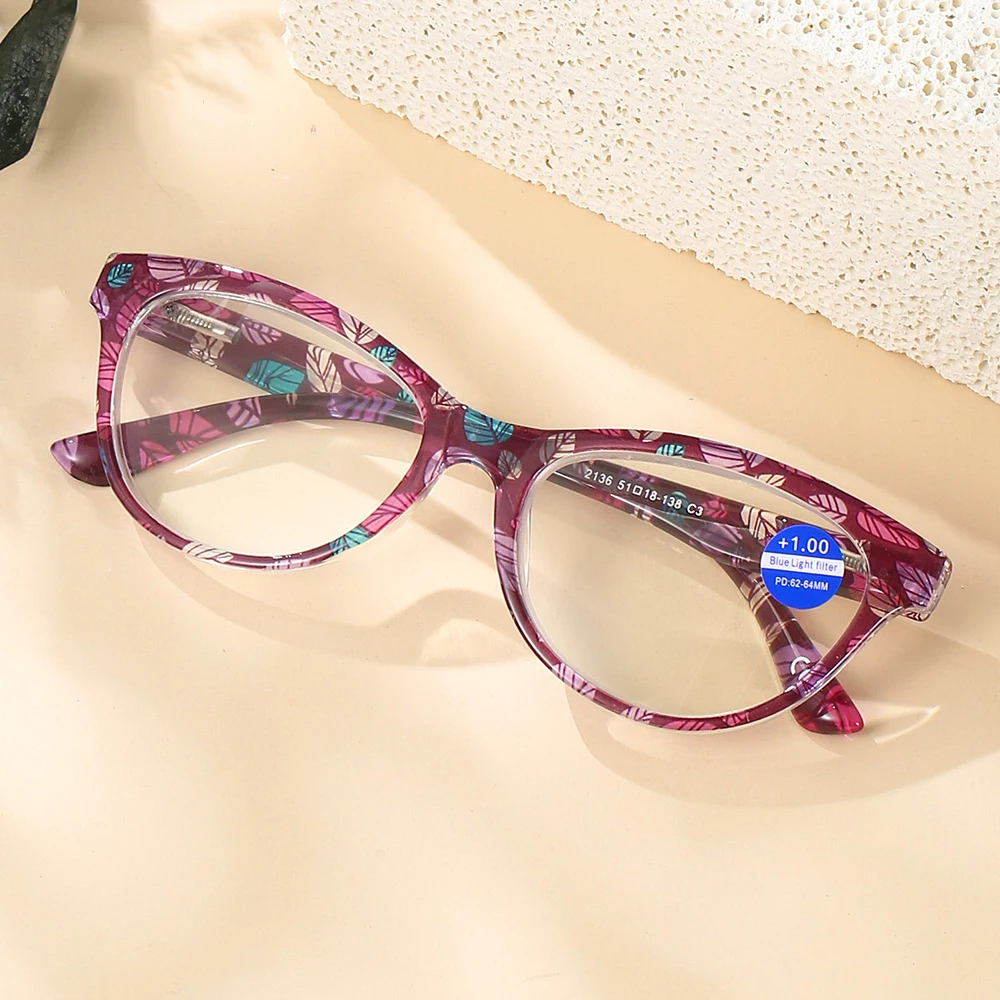 

Fashion Cateye Reading Glasses Women Anti-blue light Leaf-printed Eyewear for Computer Flexible Hinge