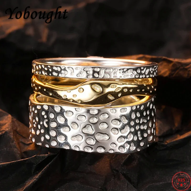 

S925 Sterling Silver Rings For Women Men New Fashion Three In One Lava Texture Pattern Gold Plated Punk Jewelry Free Shipping