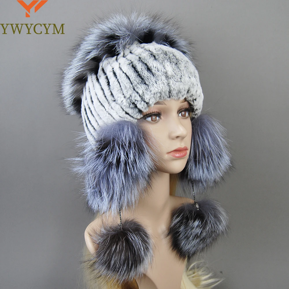 

Elastic Knitted Rex Rabbit Fur Beanies Handmade Real Fur Hat with Fox Fur Ears Genuine Fur Snow Cap Bonnets for Women Designer