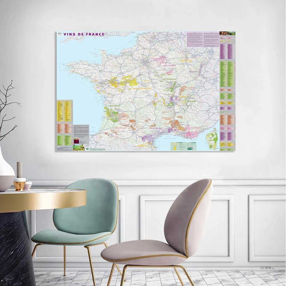 150*100cm Wine Distribution Map of The France in French Non-woven Canvas Painting Wall Art Poster School Supplies Home Decor