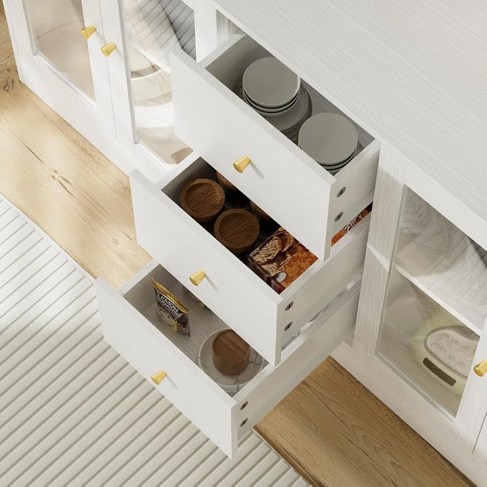 Large Kitchen Hutch Cabinet, Kitchen Pantry Storage Cabinet with 6 Glass Doors, 3 Drawers,Microwave Shelf, Freestanding Cupboard 6