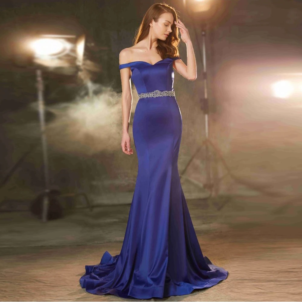 

Simple Gorgeous Women's Evening Dresses Mermaid Satin Blue Shiny Beads Off Shoulder Sleeveless Prom Gowns Fashion Celebrity Form