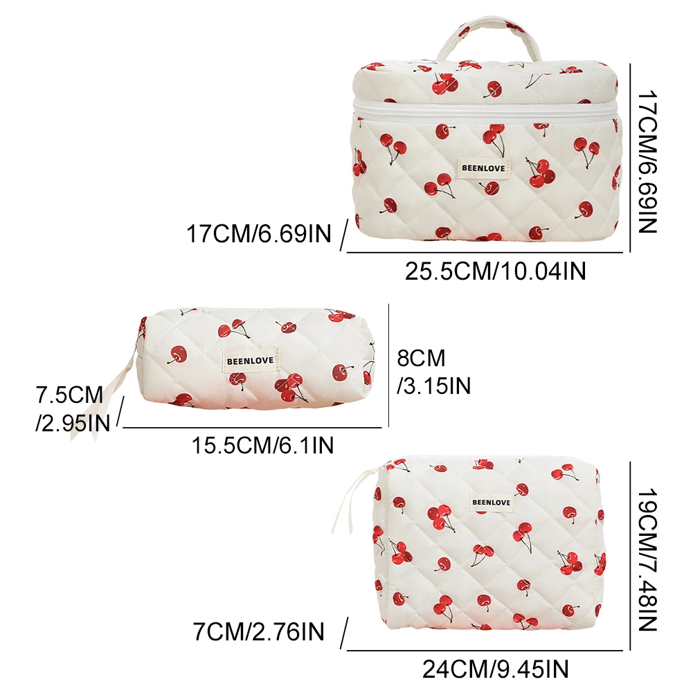 3pcs Aesthetic Cosmetic Organizer Set Quilted Cotton Sweet  Women Makeup Pouch Cherry/Heart Pattern Skincare Clutch Toiletry Bag 6
