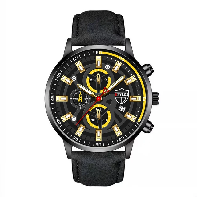 Brand Mens Watches Fashion Men Sport Stainless Steel Quartz Wristwatch Man Clock Business Casual Leather Watch relogio masculino Leather Black Yellow