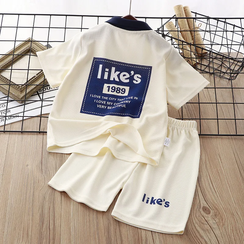 Summer Korean Children Boys 2PCS Clothes Set Waffle Letter Short Sleeve Polo T-shirts Loose Shorts Suit Teenager Boys Outfits