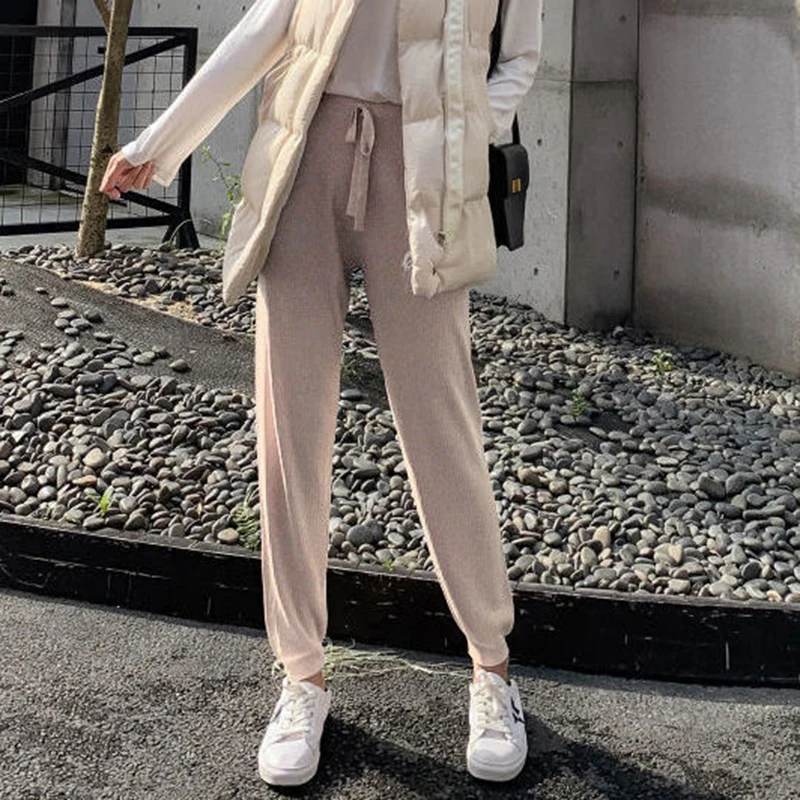 Fall Winter Sweater Harem Pant Women Solid Colors High Waist Casual Ankle-Length Pants Korean Fashion Elastic Knitted Sweatpant
