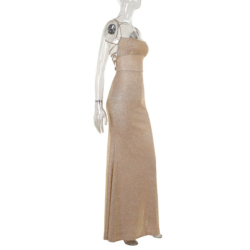 Glitter Backless Fashion Long Dress Women's Bandage Sexy Autumn Slim Sparkle Lace-Up Dress Ladies Party Dress Solid