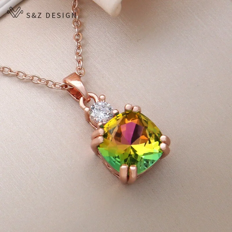 S&Z DESIGN New Fashion Classic 585 Rose Gold Color Square Crystal Pendant Necklace For Women Wedding Elegant Jewelry Gift