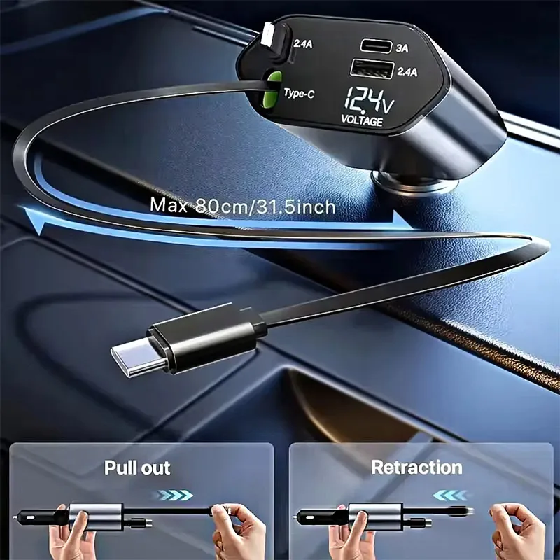 4 in 1 120W Car Charger Retractable Car Cigarette Lighter Adapter USB Type C Fast Charger Cable for IPhone Xiaomi POCO Samsung 5