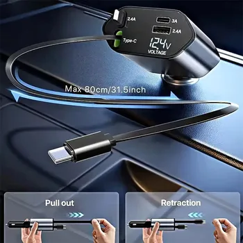 4 in 1 120W Car Charger Retractable Car Cigarette Lighter Adapter USB Type C Fast Charger Cable for IPhone Xiaomi POCO Samsung 5