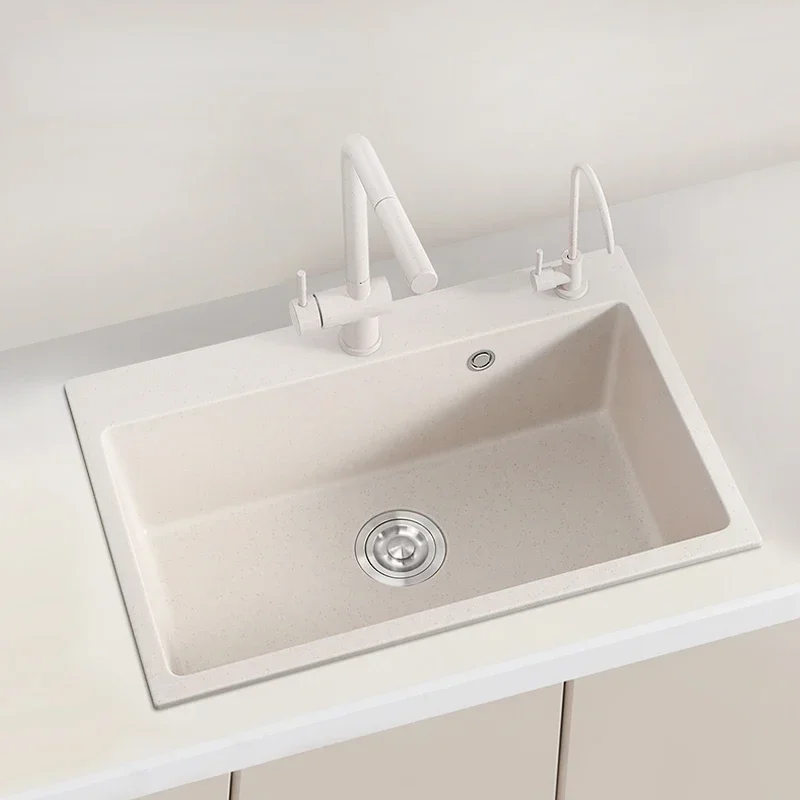 

Cream White Quartz Stone Kitchen Sink Large Single Sink Granite Small Scullery Embedded Table under Table Washing Basin