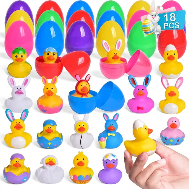 18 Set Easter Eggs with Rubber Duck Toys for Kids, Bright Colorful Easter Eggs Filled with Assorted Bunny Rabbit Duckies 1