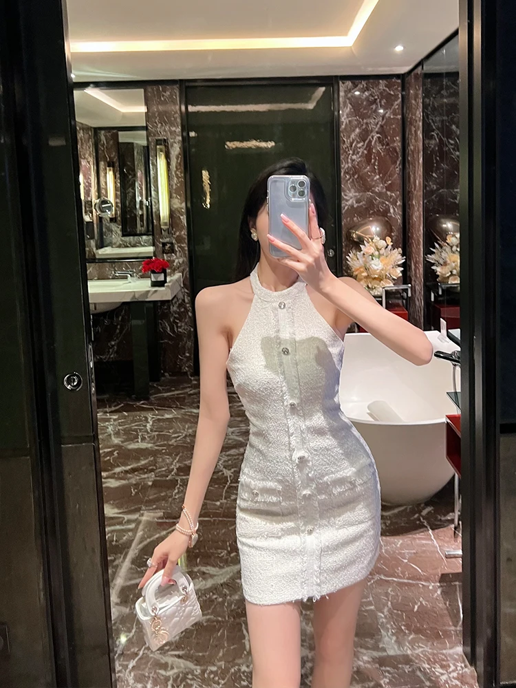 Sexy Spicy Girl Spring  Women's Club Night Design Net Fishbone Hanging Neck Dress Pure Color Polyester Sleeveless Gown