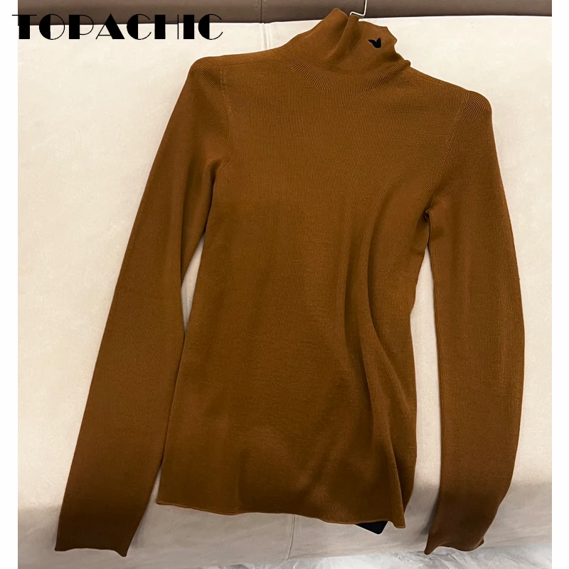 

12.20 TOPACHIC Women's Classic Slim Knitted Wool Sweater Embroidery Turtleneck Long Sleeve Pullover Knitwear