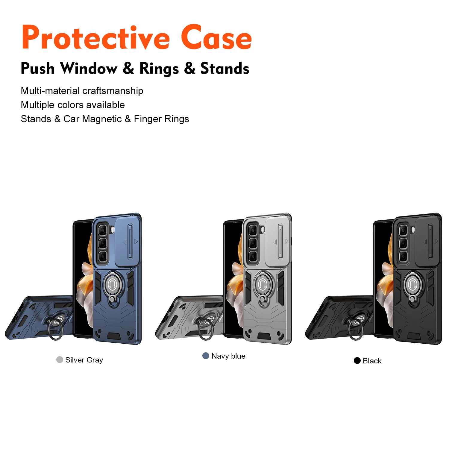 Hybrid Armor Shockproof Phone Case with Sliding Window and Metal Ring Holder