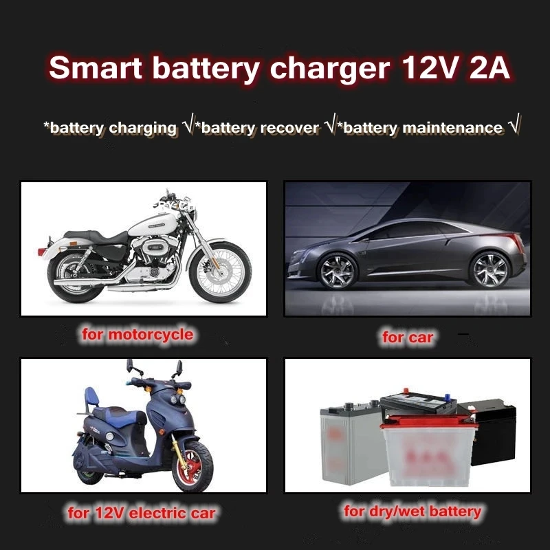 Battery Charger 12V 2A LCD Display Smart Charger for Lead Acid AGM Gel Battery Motorcycle Car Bike 12V Fully Automatic Charge Adapter EU US Type