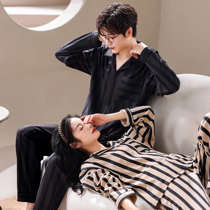High Quality 95% Cotton Homewear for Couples Autumn Men's Cardigan Pajamas Set Women Nightwear Fashion Pijamas Pyjamas Hombre