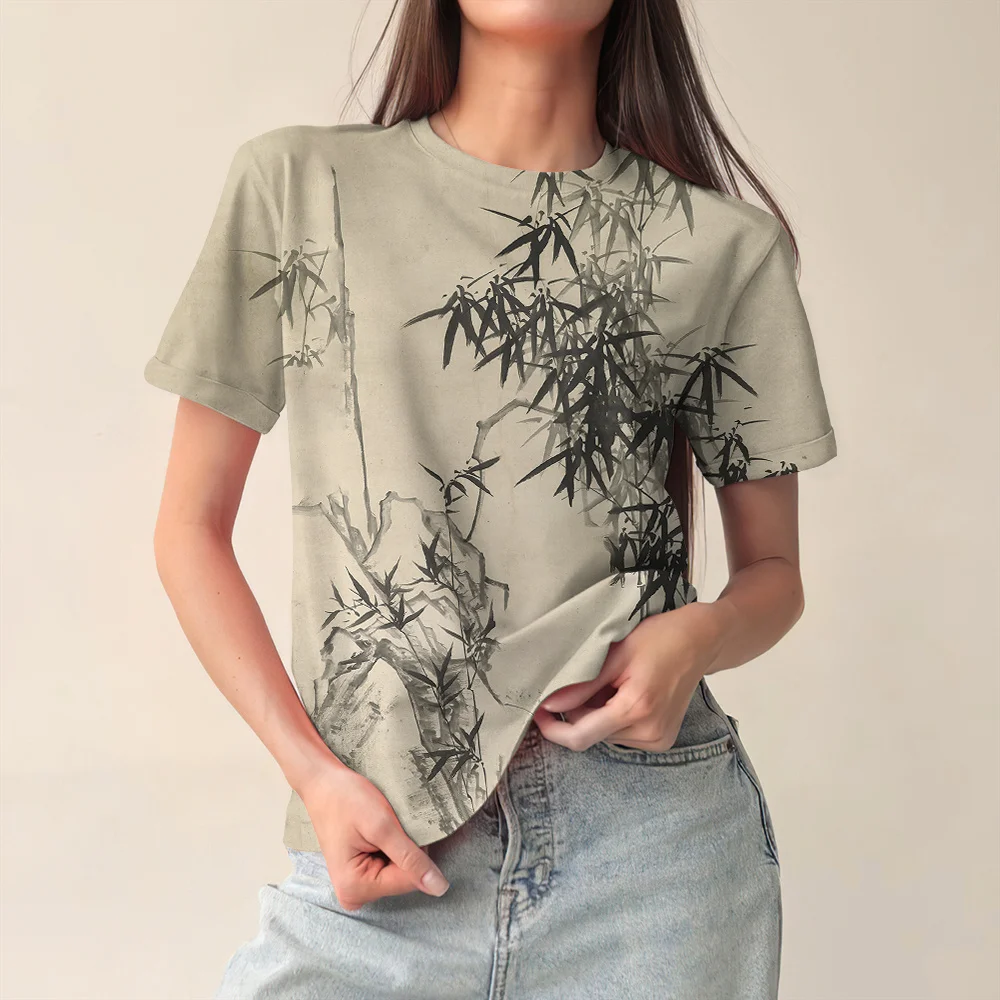 

Женская футболка в стиле ретро, топ с 3d бамбуковым узором, летняя рубашка с круглым вырезом и коротким рукавом, популярная одежда в национальном стиле, Женский пуловер