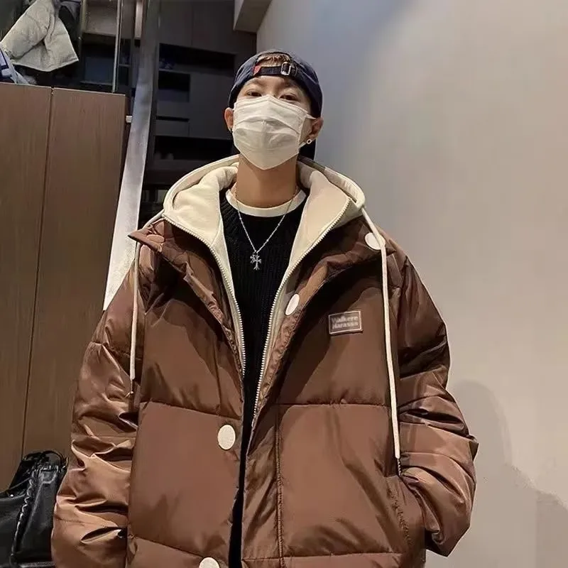 Fake Two Cotton Coats Men's Winter Fashion Fashion Loose Hooded Cotton Clothing Winter Wear American Vintage Cotton Jacket