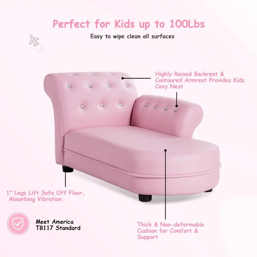 Kids Sofa, Pink Toddler Couch Princess Sofa with PVC Leather and Embedded Crystal, Upholstered Children Chaise Lounge 4