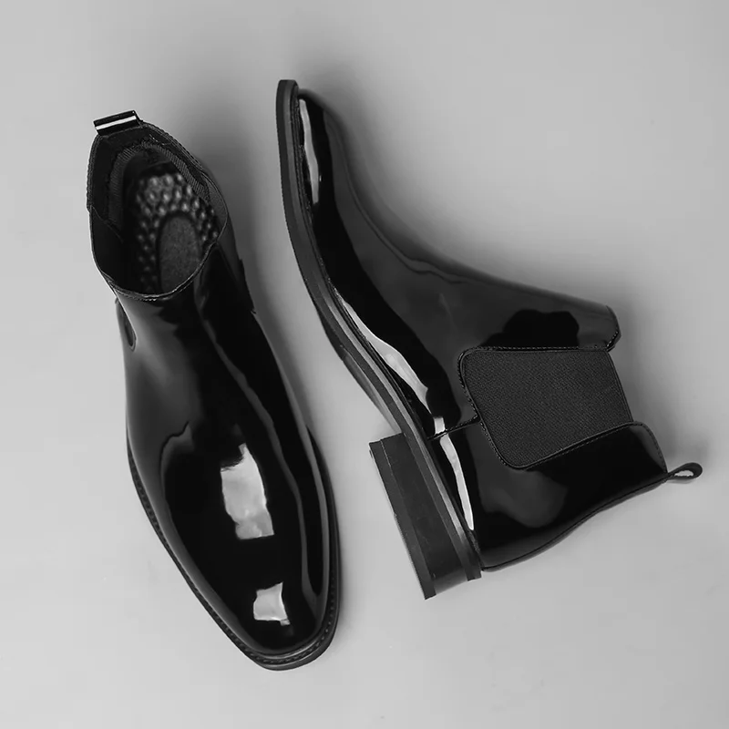 Chelsea Boots for Men Patent Leather Black Buckle Ankle Round Toe Business Classic Handmade Men Short Boots Botas De Hombre