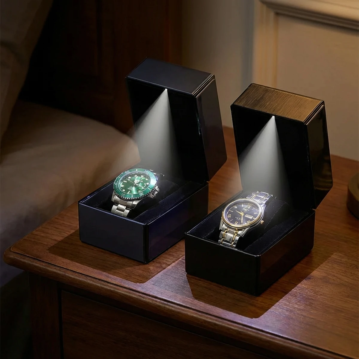 고급 PU 가죽 시계 보관함 LED 조명 포함 조개형 싱글 시계 케이스 선물 포장 상자