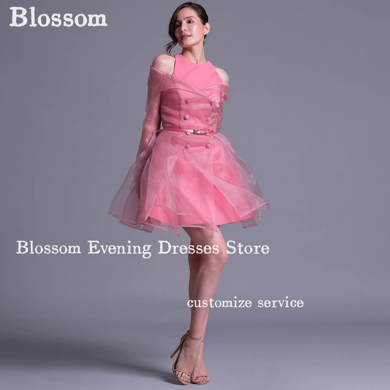 

Organza A-line Short Prom Dresses Long Sleeves Buttons Off-Shoulder Sweet Evening Dress 2024 Formal Cocktail Party Gown