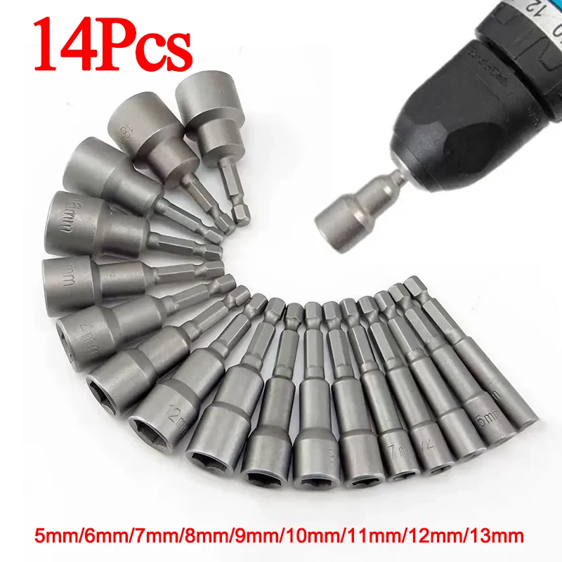 9pcs/14pcs 5mm-13mm Hex Sockets Sleeve Nozzles Nut Driver Set Screwdriver Set Schroevendraaier Set Bits Tools Socket Wrenches