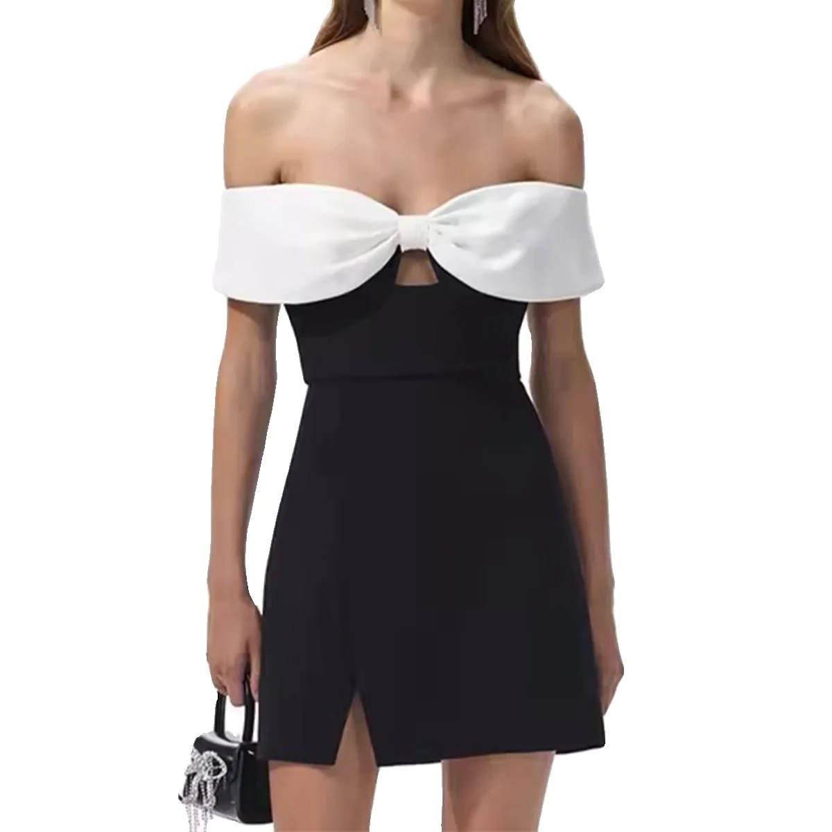 women-mini-dress-classic-black-and-white-patchwork-off-shoulder-clothing-2024-spring-new-bow-slash-neck-sexy-short-dresses