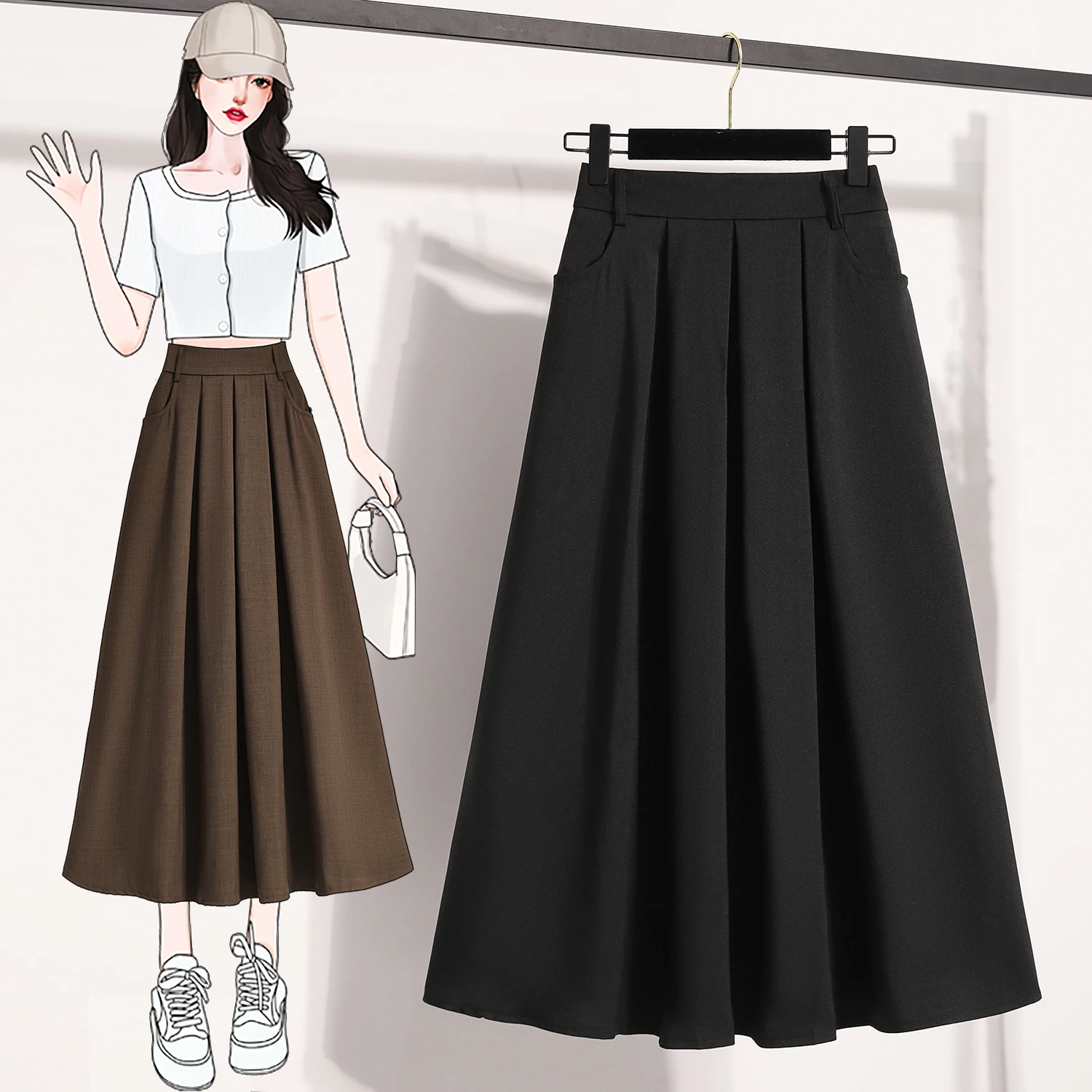 Coffee pleated high-waisted bustier skirt female spring and summer new Korean version of the loose large size fashion temperamen 3