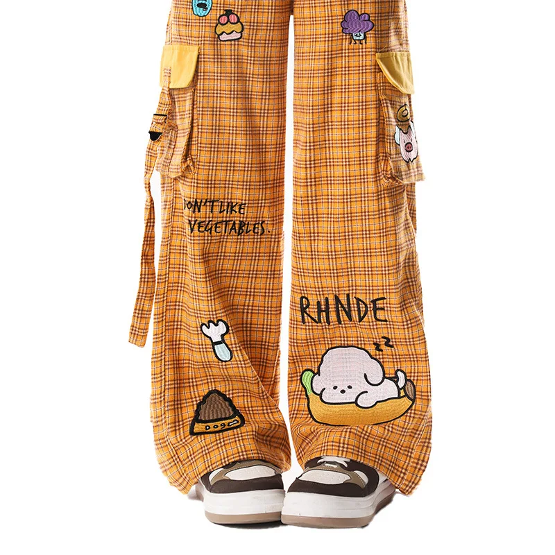 Embroidery Cartoon Sweet Cool Style Checkered Workwear Pants For Women New Casual Versatile Loose Straight Leg