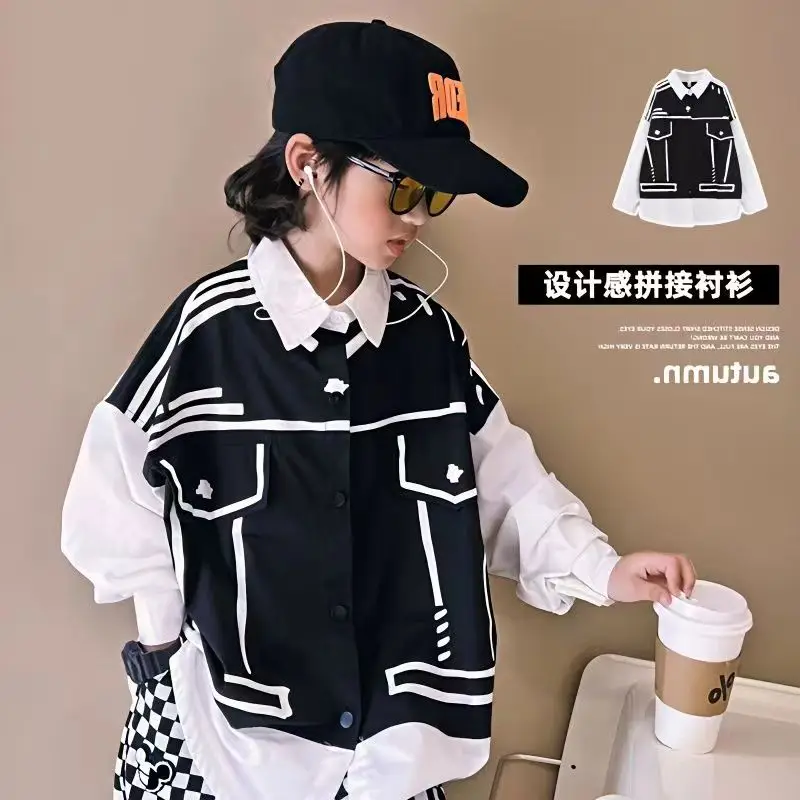 

New Boys' Shirt Spring and Autumn Fashion Design Fake Two Piece Splice Shirt Versatile Long Sleeve Top for Children