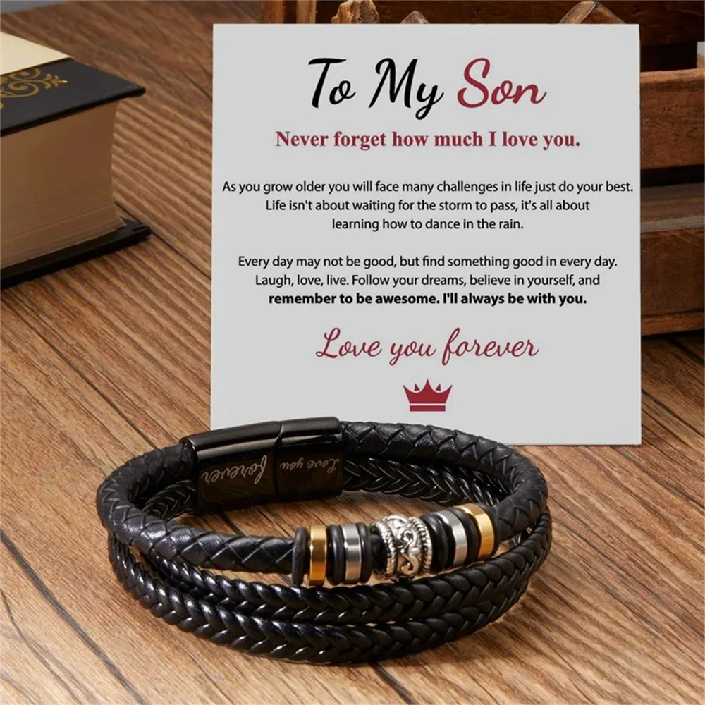 

Braided Leather Bracelet with Card for Men, Magnetic Buckle, Inspirational Gifts, To My Son