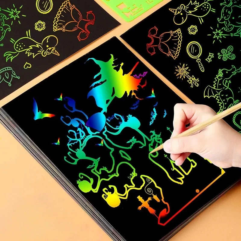 Rainbow Scratch Paper Art Magic Scratch Off Craft Kit for Kids Color Drawing Notebooks Pad Children Scraping Painting DIY Toys