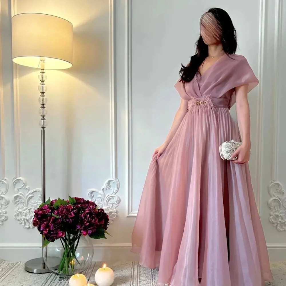 

Mignon Chiffon A-line Ruffle Prom Gown Floor-length V-neck Feathers Sequins Formal Elegant Party Evening Dress for Women 2023