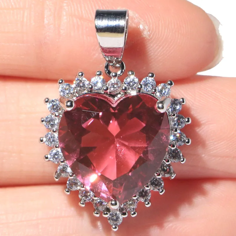 

28x20mm Luxury New Designed Heart Shape Pink Morganite Red Blood Ruby White CZ Ladies Present Pendant