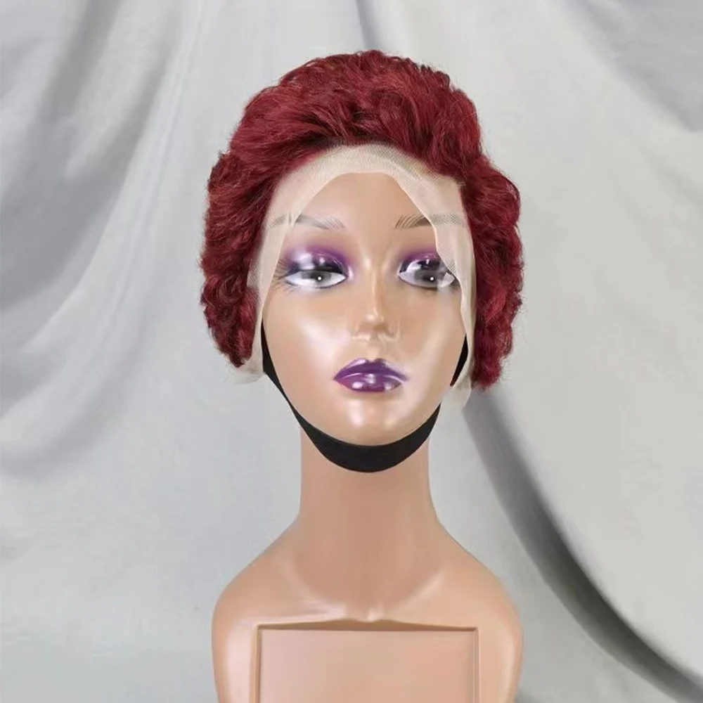 13x4 Lace Frontal Short Pixie Cut Curly Wave 99J Color Human Hair Wigs 180% Density Human Hair Wig for Black Women