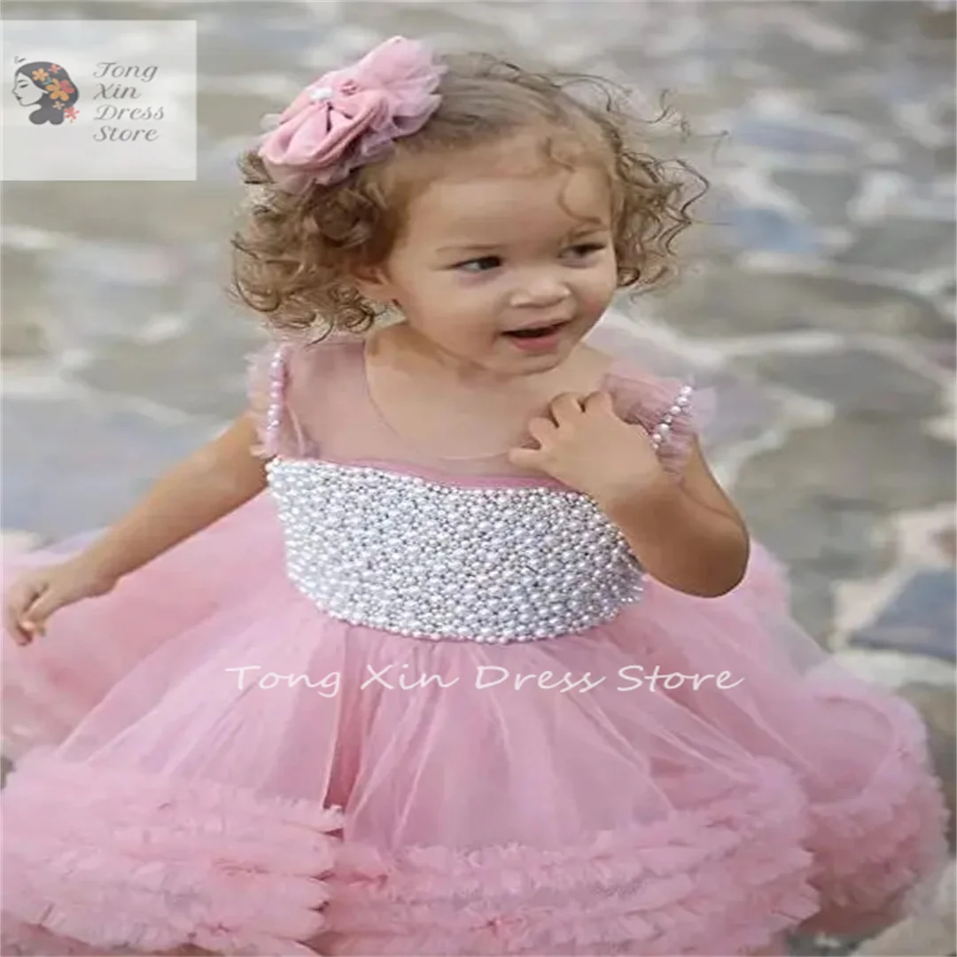 

Tulle Dress Pearls Beaded Puffy First Birthday Dress Flower Girl Dresses Cute Children Girls Dress Party Gown